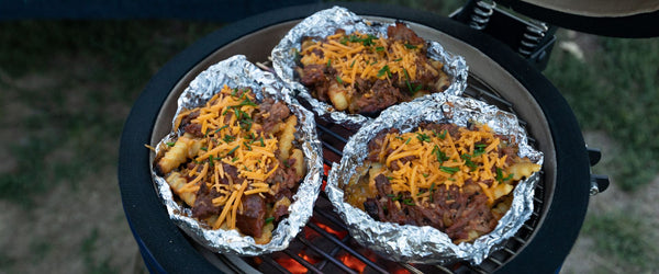 cheesy fries for tailgating on a kamado grill 15in high quality charcoal cooking free recipe for bbq and camping yummy